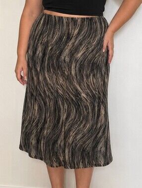 Nygard Collection Size 14 Abstract Wave Print Midi Skirt Black Beige